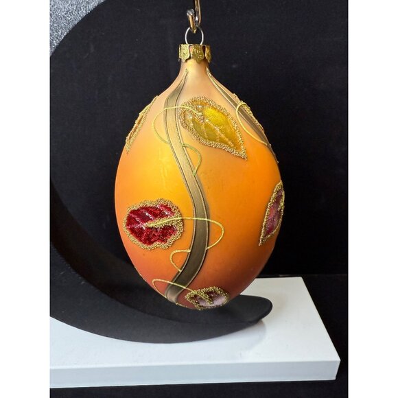 Hand-Painted Large 7" Glass Ornament With Beaded Leaf Design Autumn Colors - Picture 6 of 11